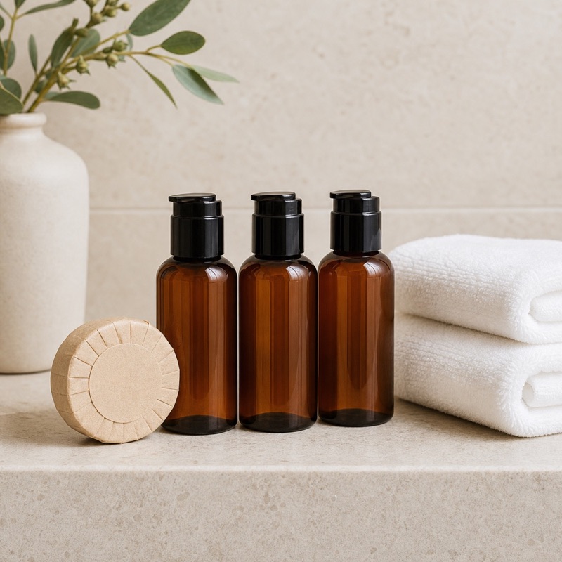 Refillable botanical bathroom amenities arranged on a stone vanity