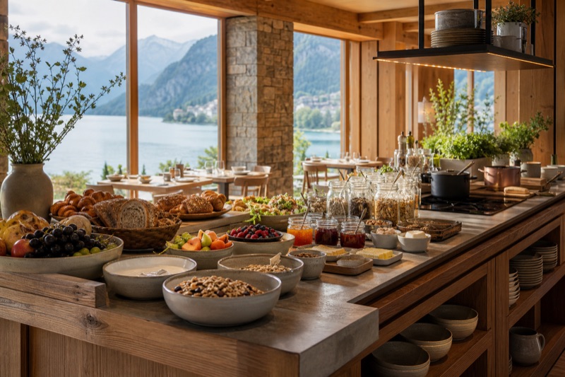 Seasonal alpine breakfast buffet with fruit, cheese, bread and refillable jars