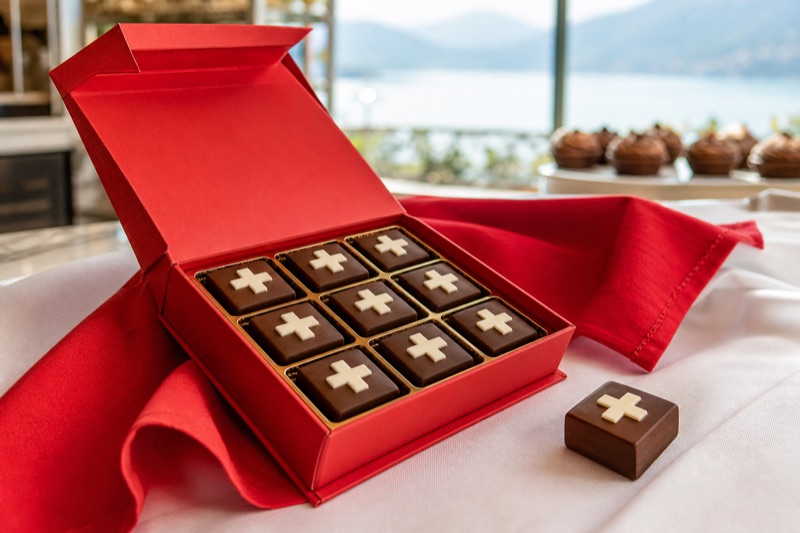 Red artisan chocolate gift box with Swiss-inspired details beside Lake Geneva