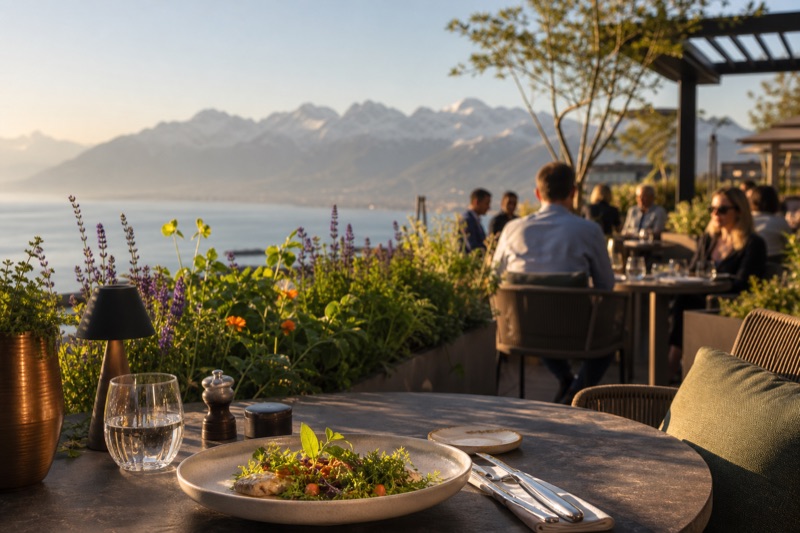 Intimate rooftop dinner tables overlooking Lake Geneva at sunset