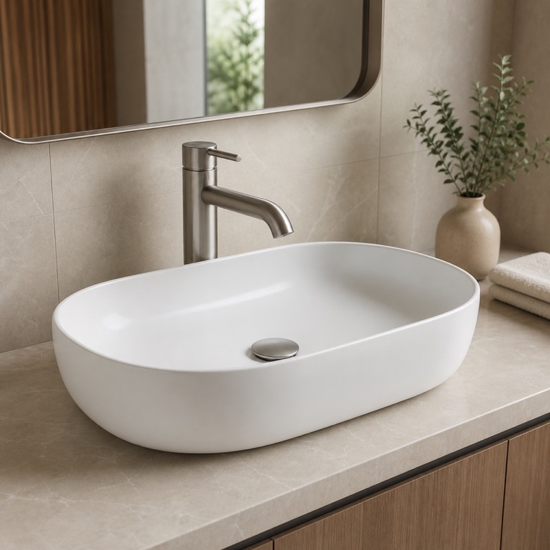 Oval matte-white countertop washbasin with a brushed-steel tap on a stone vanity